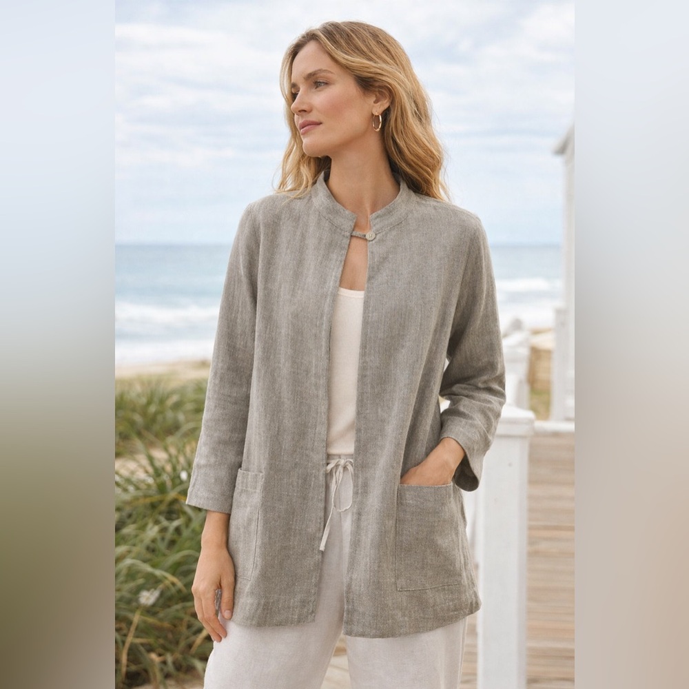 Eileen Fisher Linen Blend Jacket Gray Open Front Blazer Cardigan Sz Small USA